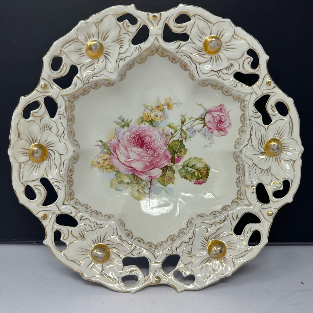 Antique RS Prussia Porcelain Reticulated Border Floral Bowl A1